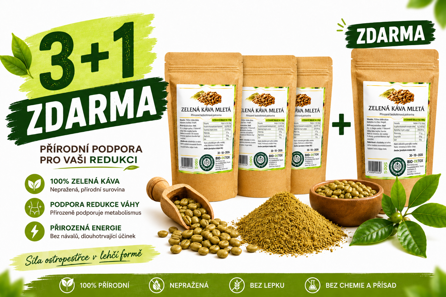 Zelená káva mletá Brazil Taste 3 + 1 ZDARMA